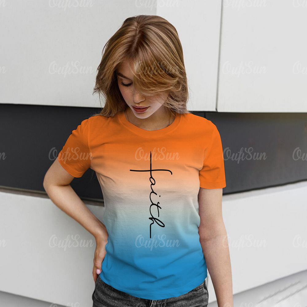 Gradient Women s T-Shirt Rainbow Cross TSHIRT Fashion Korean Tie-Dye Tops XS