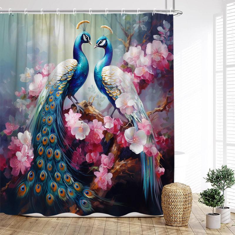 Floral Peacocks Shower Curtain Tree Cave Jungle Flowers Green Plants Birds Modern Home Bathroom Decor Bath Curtains With Hooks