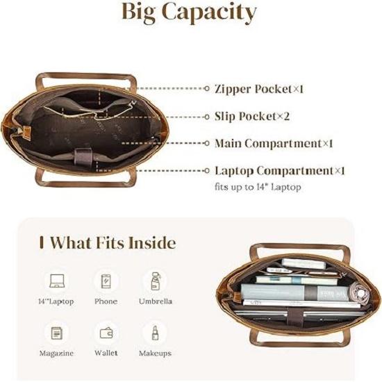 Genuine Leather Tote Bag for Women Work Shoulder Crossbody Purses Handbag with Outside Pockets