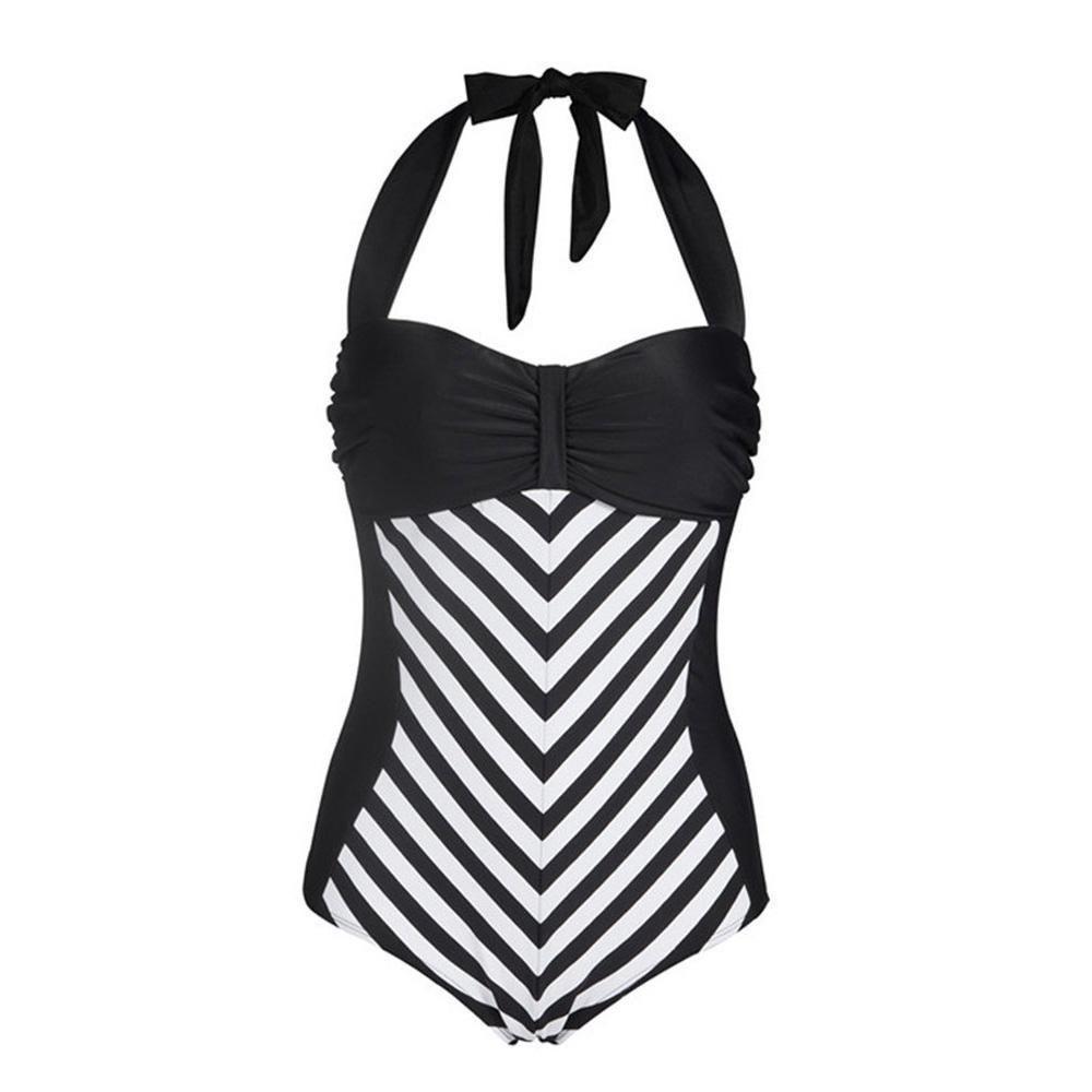 Elegante Costume da Bagno Nero con Scollo a V Profondo e Spalline Sottili Taglie Forti per Costumi da Bagno a Strisce Donna