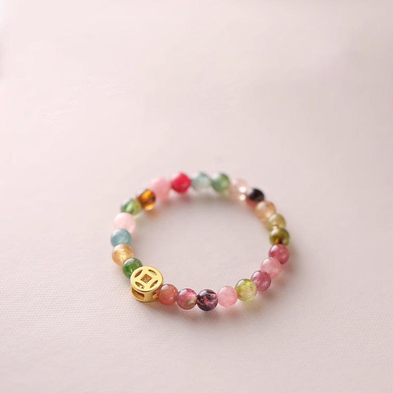 Money Tourmaline Beaded Ring Women's Niche Design Light Luxury Ring Ring Elastic Rope Index Finger Ring Jewelry