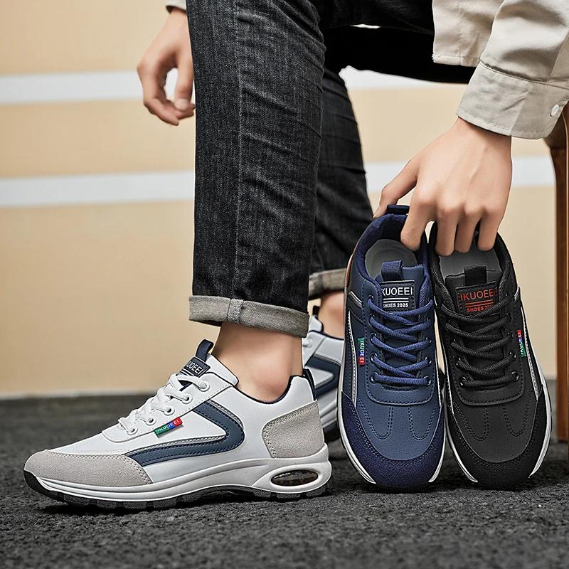 Herr Casual Löparskor Vår och Höst Nya Inre Förhöjda Vita Läderöverdelar Vattentät Nylonsula Herr Sneakers