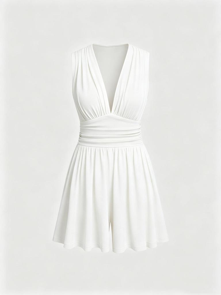 European & American Style Deep V-Neck Sleeveless Jumpsuit, Women's Summer Waist-Cinching Wide-Leg Shorts