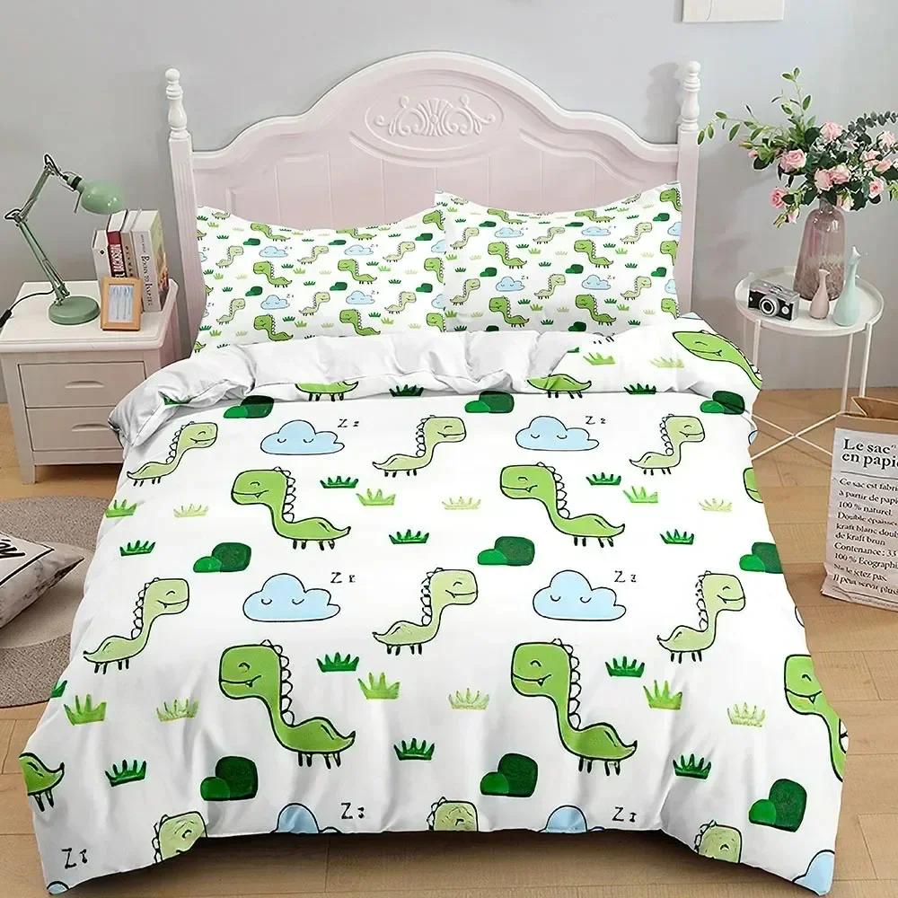 Cartoon Dinosaur Bedding Set Full King Queen Size,Cute Animal World Duvet Cover Orange Yellow Polyester Comforter Quilt Cover