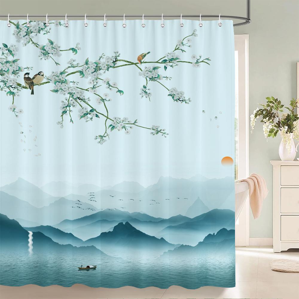 Chinese Style Flower and Birds Tree Shower Curtains Bath Curtain Waterproof Bathroom Decor With Hooks 3d Printing Bath Curtain
