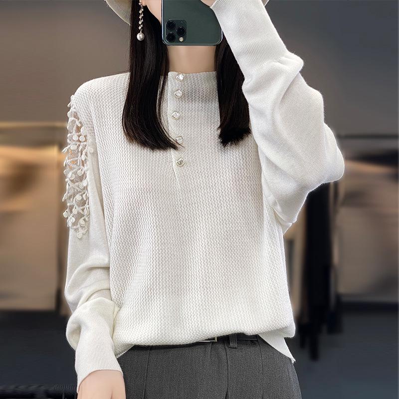 2023 Winter French Lace Mesh Button-Up Knit Top - Women's Trendy