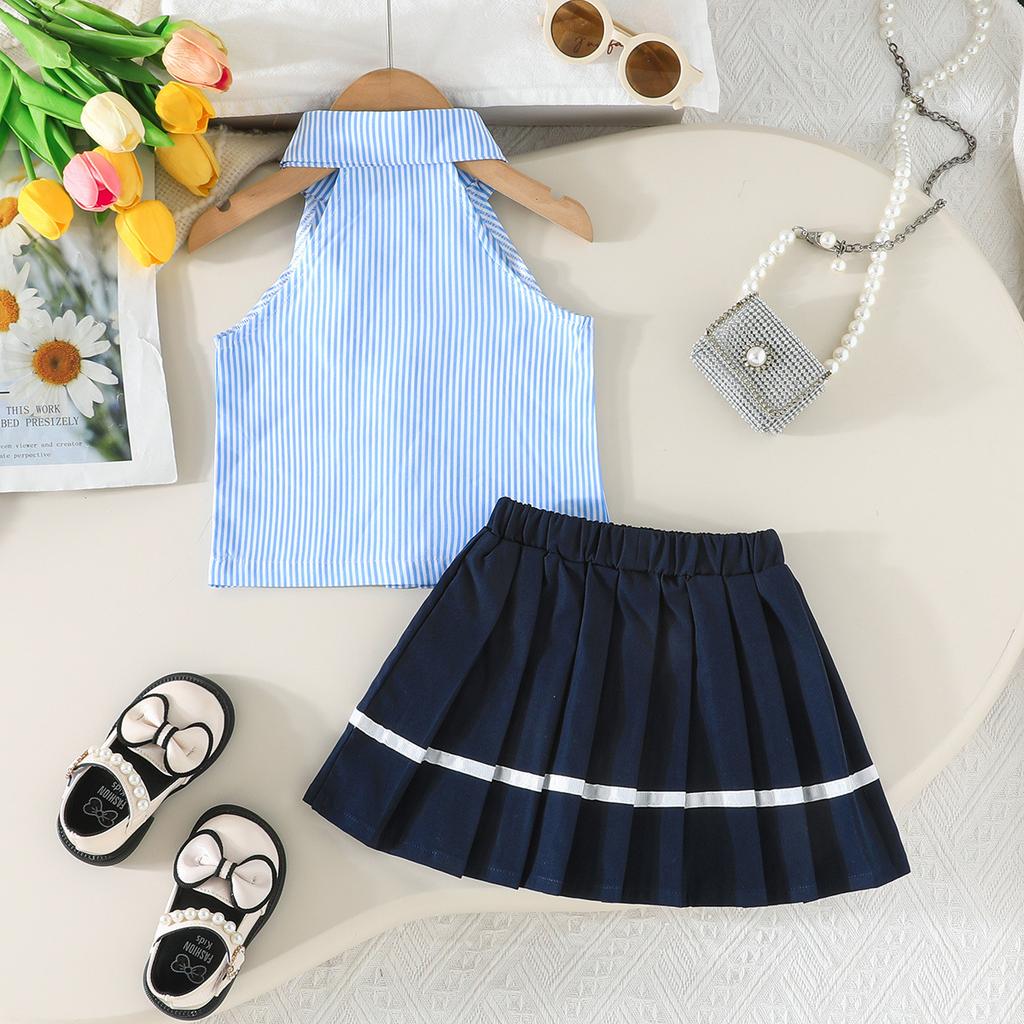 Mädchenmode-Set: Sommer Preppy-Style Gestreiftes Oberteil + Faltenrock Zweiteiliges Set