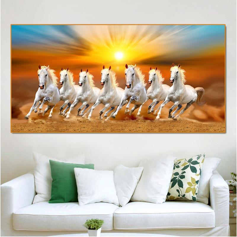 Seven Horses Running In Sand Canvas Painting Wall Art Sunrise Horse Group Posters and Prints for Living Room Wall Decor Cuadros