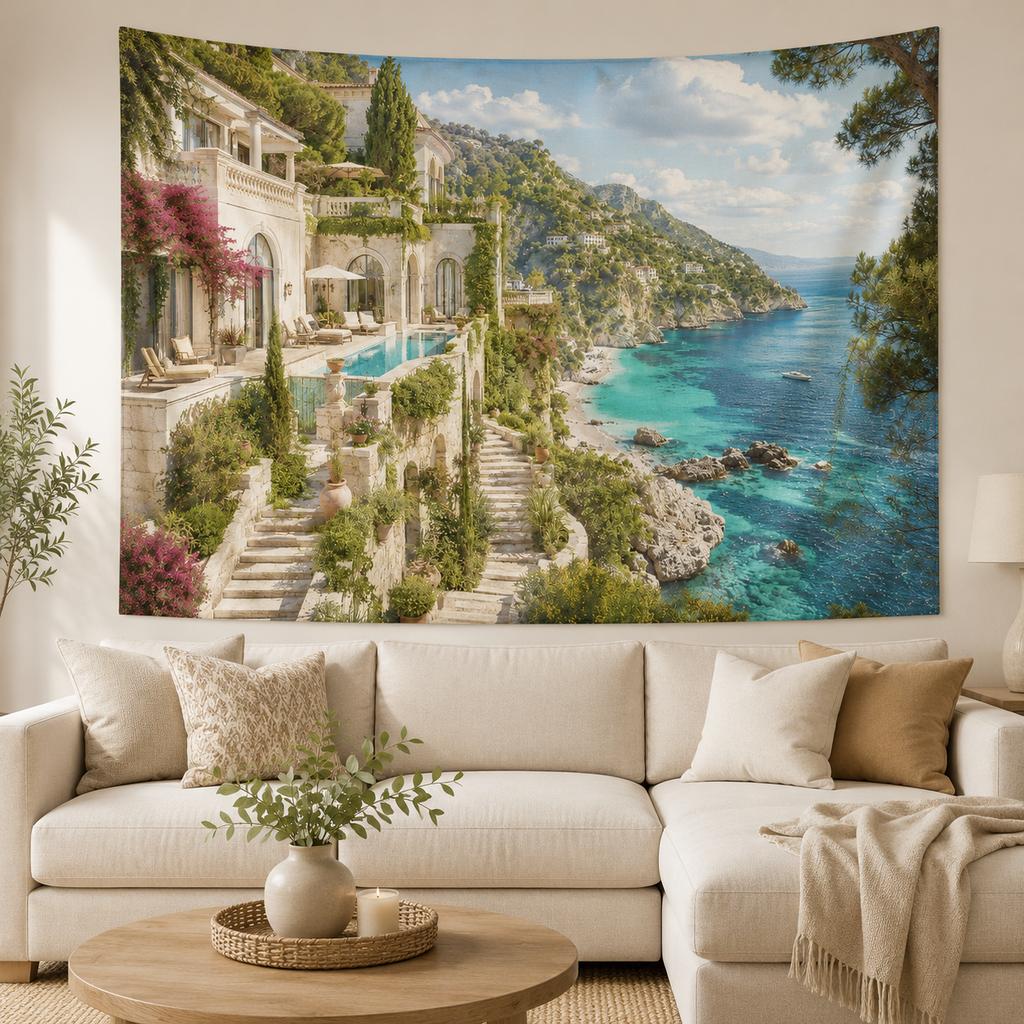 Mediterranean Arch Tapestry Sea View Wall Hanging Polyester Boho Room Decor Aesthetic Coastal Scenery Backdrop Fabric Carpet
