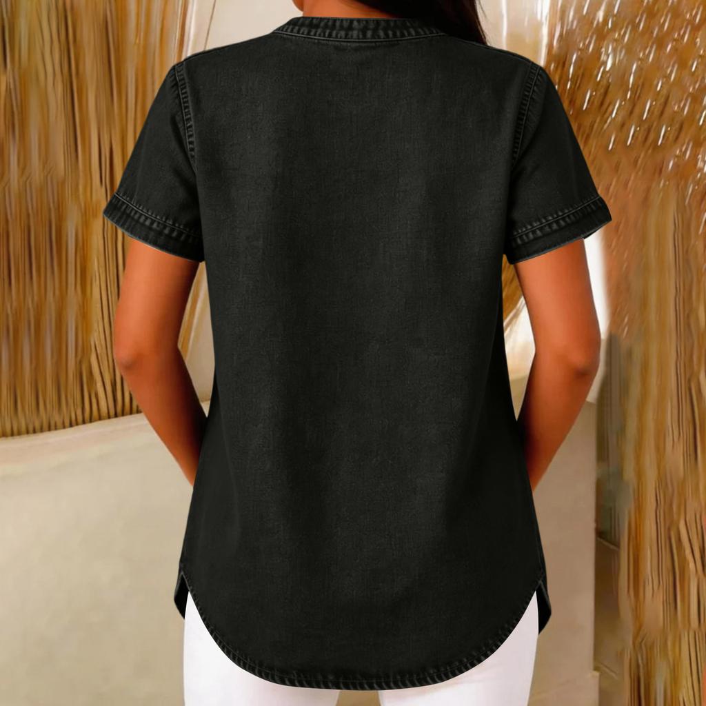 Women Casual Short Sleeve V Neck Button Front Top Lightweight Soft Fabric Relaxed Fit Tunic Blouse with Side Button Detail