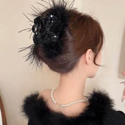 Bow Sequined Feather Acrylic Hair Grab Back of Head Shark Clip Fashion High-end Hair Accessories Women