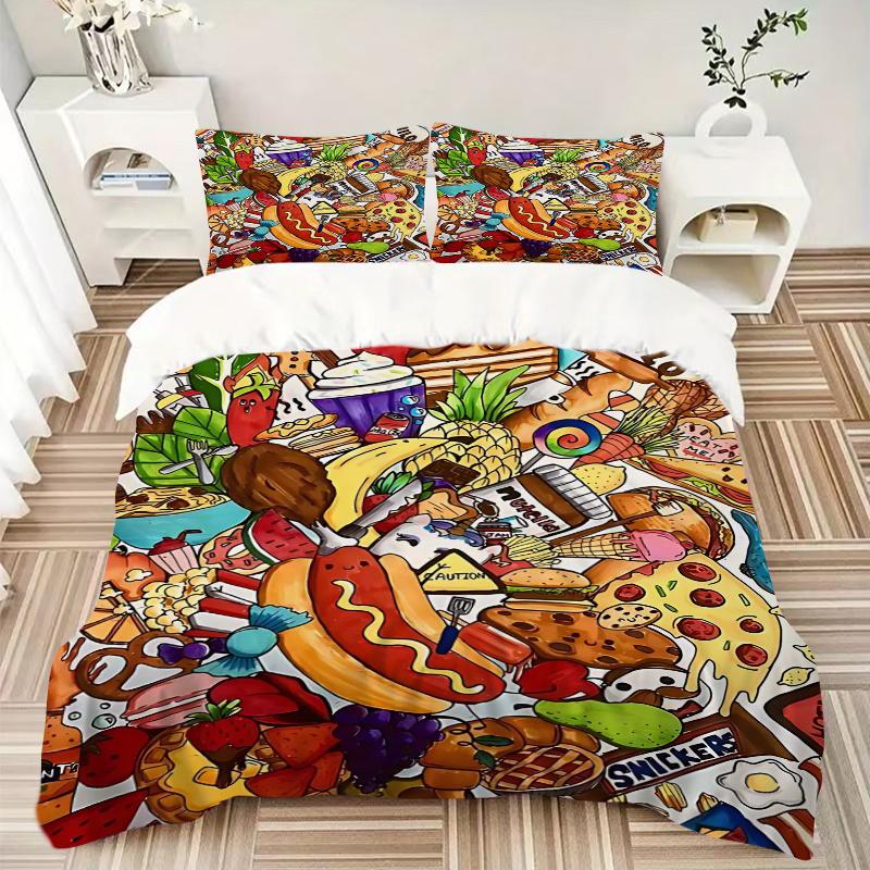 3pcs Anime Cartoon Food Themed Comforter Set with One Quilt Cover and Two Pillowcases (No Core), Perfect for Bedroom and Guest Room Decoration - Festi