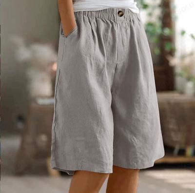 Pantaloncini estivi da donna tinta unita semplici in cotone e lino con bottone a vita alta larghi a cinque tasche
