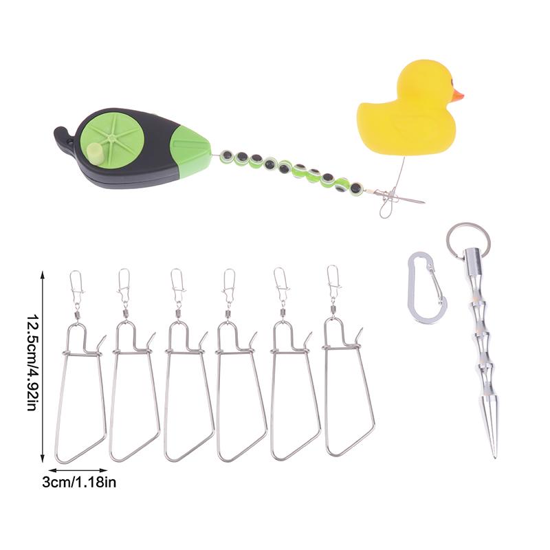 

1 комплект Растягивающаяся рыболовная застежка-карабин Катушка для нахлыста 6 зажимов Утиный нержавеющий стрингер-цепочка с поплавком Замок для живой приманки Ремень