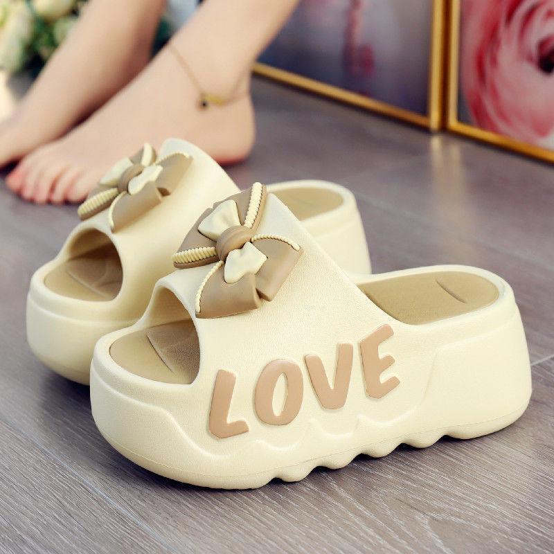 Fashion New pink flower high heel slipper women's outdoor slides sweet backless beach shoes woman flat platform mules elevator slippers