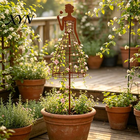 Decorative Outdoor Yard Ornament Vintage Metal Lady Trellis, Iron Girl Shaped Garden Plant Support Stake, Rustproof Flower Stand Climbing Vine Art for