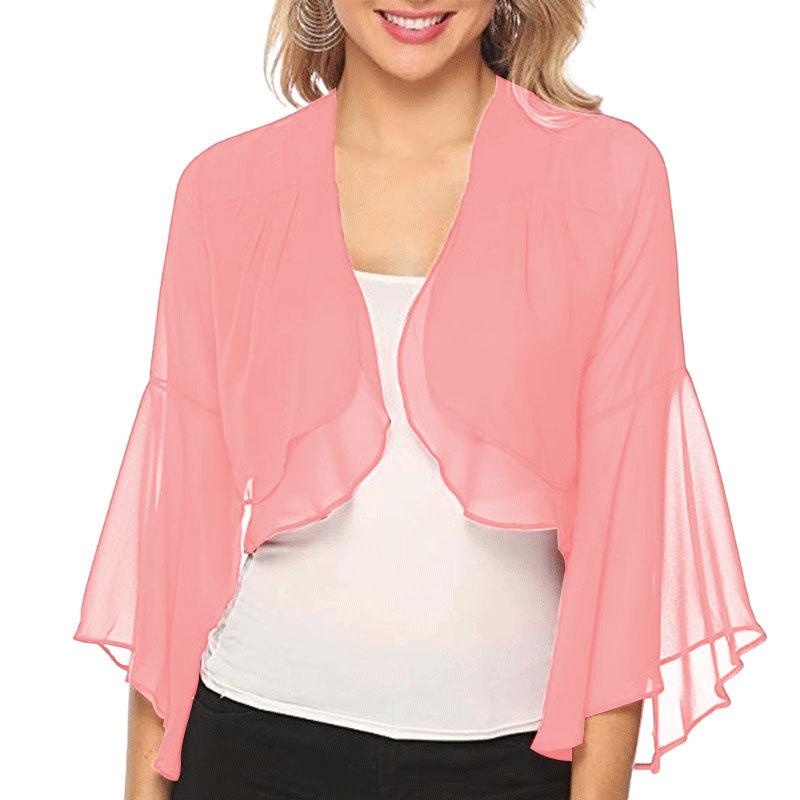 Cardigan da Donna a Maniche Lunghe Scollo a O Stile da Pendolare Coprispalle in Chiffon Monocolore Bolero Top Casual