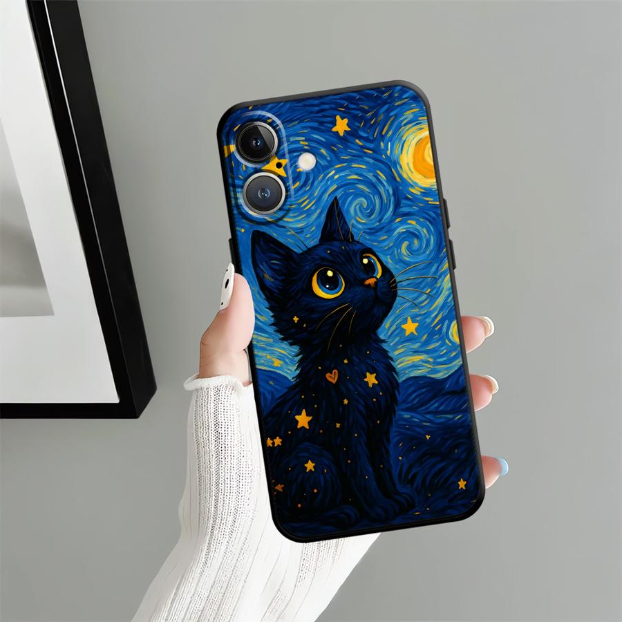 Case for Apple iPhone 17 Pro Max Air 11 15 Pro 7 8 16 12 XR XS MAX 13 14 Funda Phone Cover Rotating Starry Sky Cat