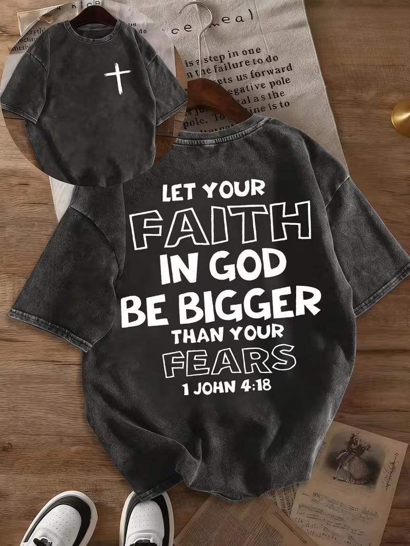 Washed TShirts Let Your Faith In God Be Bigger Than Your Fears Cross Graphic TShirt Retro Washed Tee For Casual Street Looks S