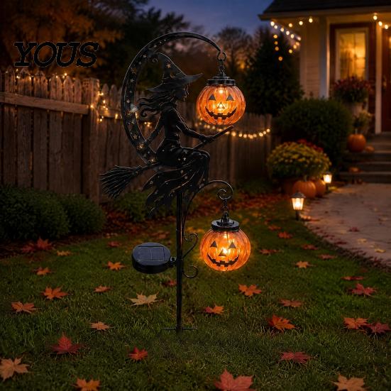 Metall-Rasenornamente für den Garten, Solarbetrieben, Halloween-Hexe, Kürbis, Erdspieß-Licht, Besen, Mond, Saisonale Außenatmosphärenlichter, Statue, Skulptur