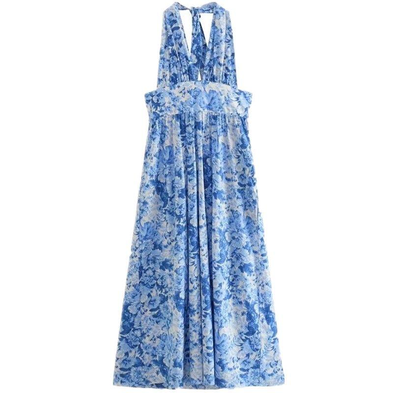 

Модный Ветер Летняя Мода Женская Одежда Отпуск Халтер Самый Легкий для Сочетания Приталенный Принт Миди Юбка Платье 7612022 400 Blue M