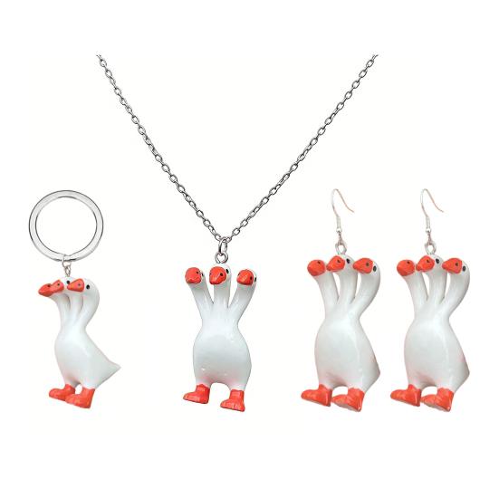 Three-Headed White Goose Keychain Pendant Necklace Earrings Three-Dimensional Relief Resin Hand-Painted Lightweight Necklace Jewelry Gift Accessories