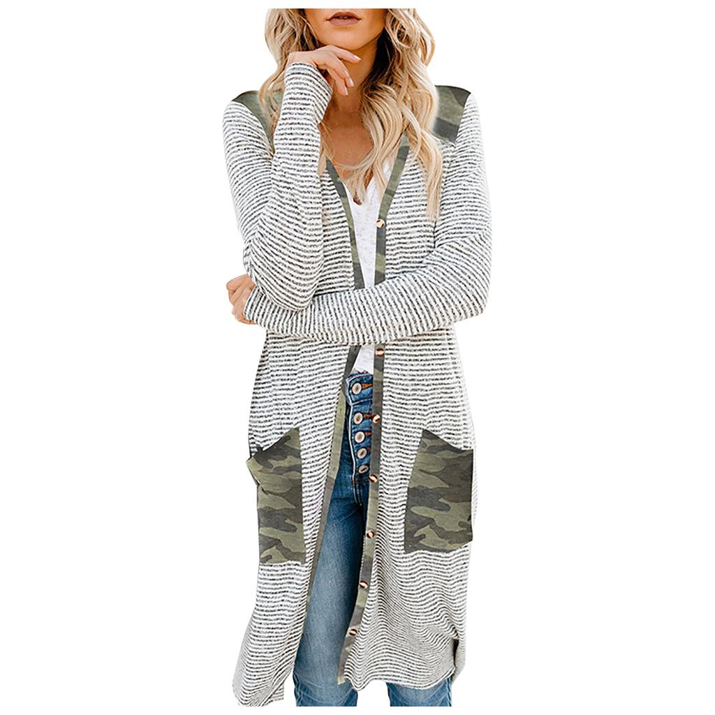 Fashion Women Stripe Print Leopard Patchwork Buttons Knitted Cardigan Coat