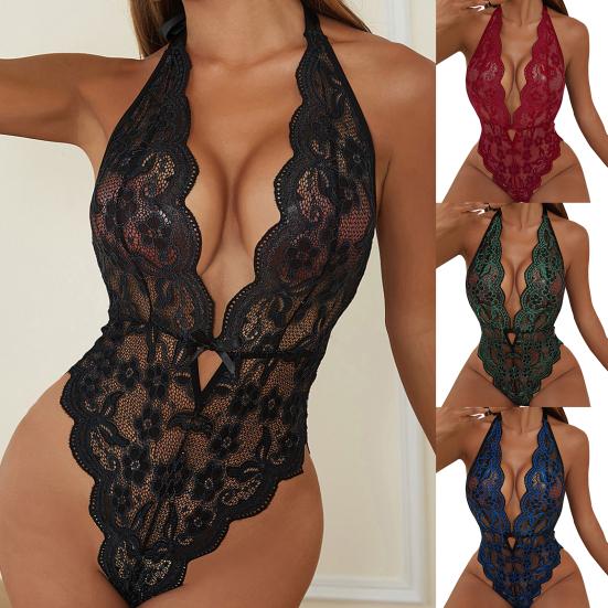 Body One Piece Sexy Deep V Backless Haft Koronkowa bielizna nocna dla żony