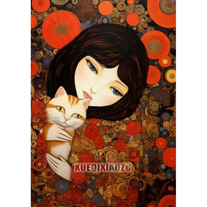 

Абстрактная алмазная живопись _Кошка и девочка_ Набор для мозаики из страз, вышивка крестом, DIY хобби, ручная работа, вышивка, украшение для дома Round 40x50cm