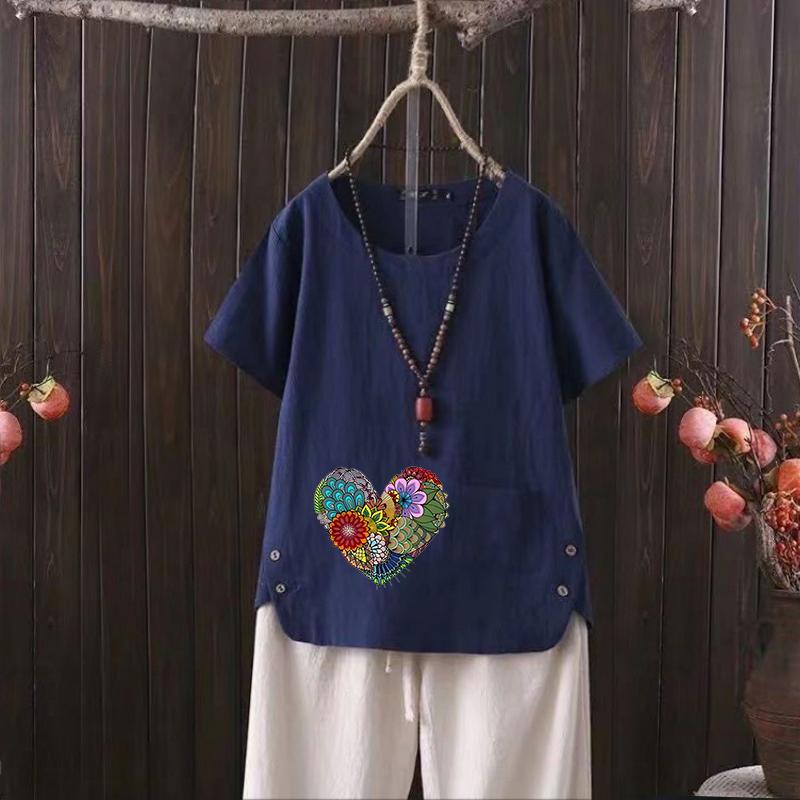 

Футболка из хлопка и льна с V-образным вырезом и принтом «Любовь» для женщин — легкая и модная летняя футболка 2025 года 4XL темно-синий