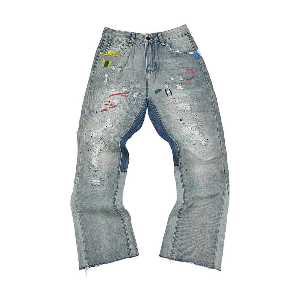 American Streetwear Splashed Ink Patchwork Baggy Jeans Men Women Clothing Tie Dye Trendy Pants Straight Slim Micro-flard Pants
