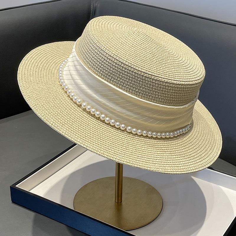 Flat Top Straw Hat Strapped Women's Summer Visor, Satin Versatile Straw Fashion Top Hat, Seaside Beach Hat