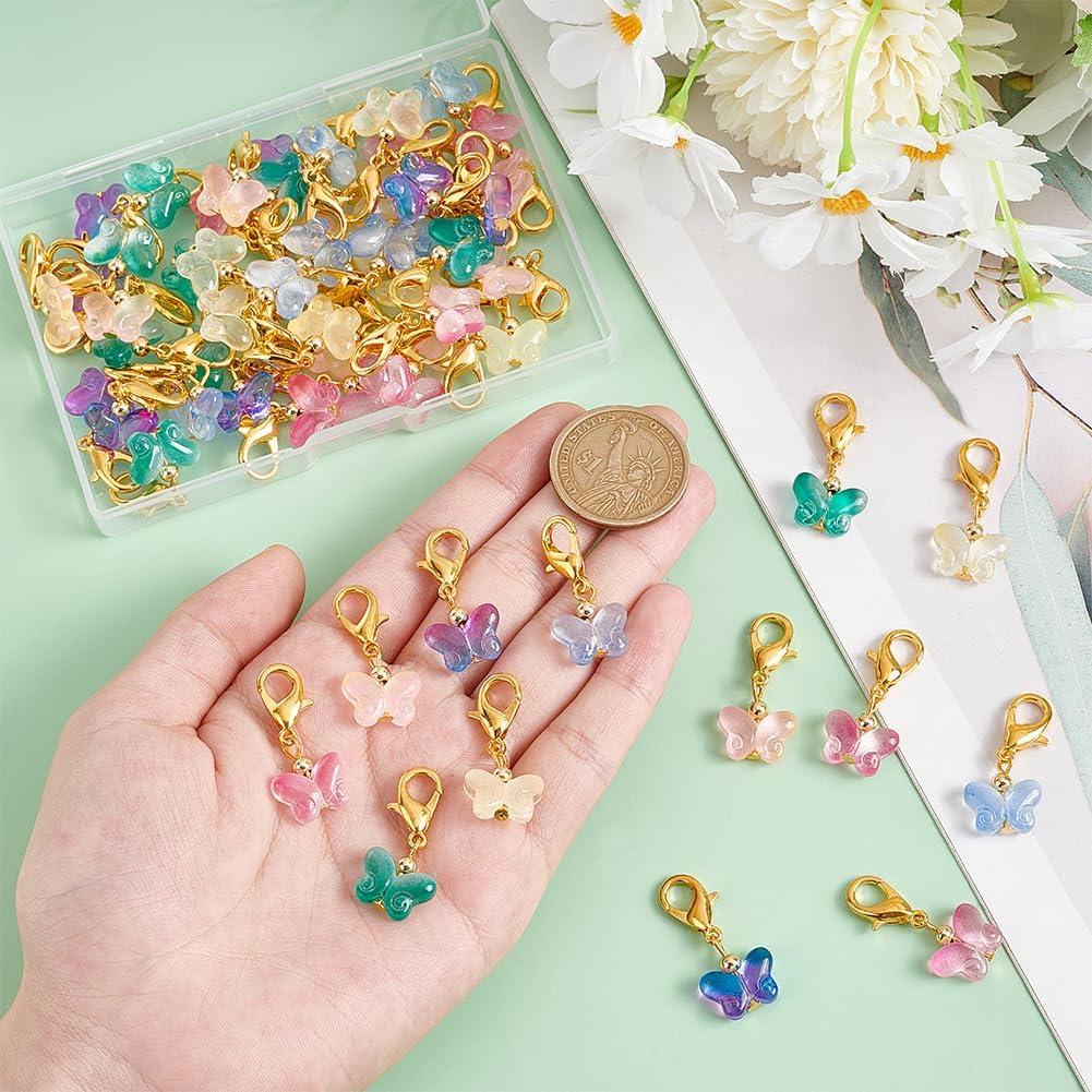 PH PandaHall 60Pcs Glass Butterfly Dangle Charms Crochet Stitch Marker 6 Colors Crystal Glass Charms Pendants With Lobster Claw Clasps For Necklace