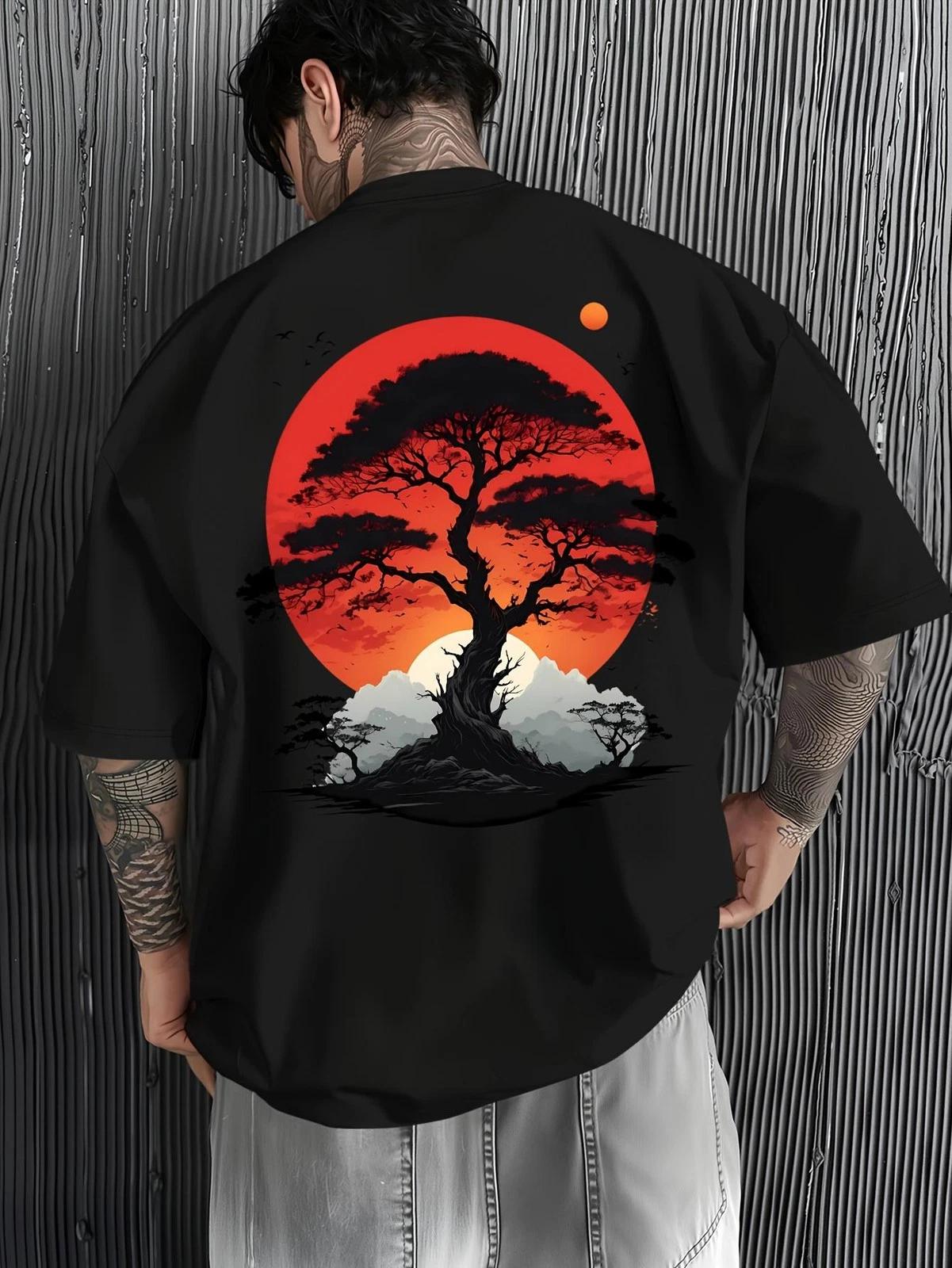 Japanese Landscape Art T Shirt Red Sun Pine Mountain Retro Graphic Casual Tee M