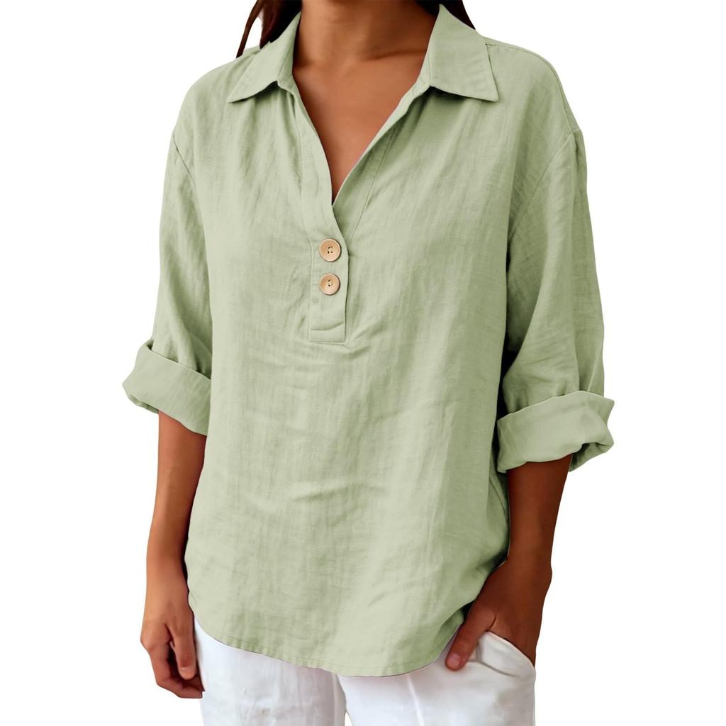 Women's Shirt Seven-Sleeve Lapel Cotton Linen Top Solided Color Casual Breathable Lapel Shirt