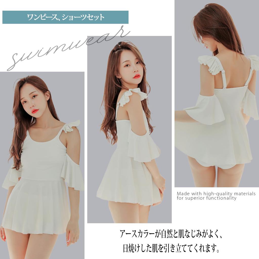 Swimsuit with High L Size [RAVIR] Women's One-Piece Shorts, 2-Piece Set, Waist, Ruffled, Cami, White,