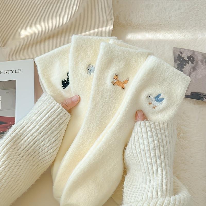 1Pairs Animal Embroidered Socks, Cute & Warm Fuzzy Mid Tube Socks, Women's Stockings & Hosiery