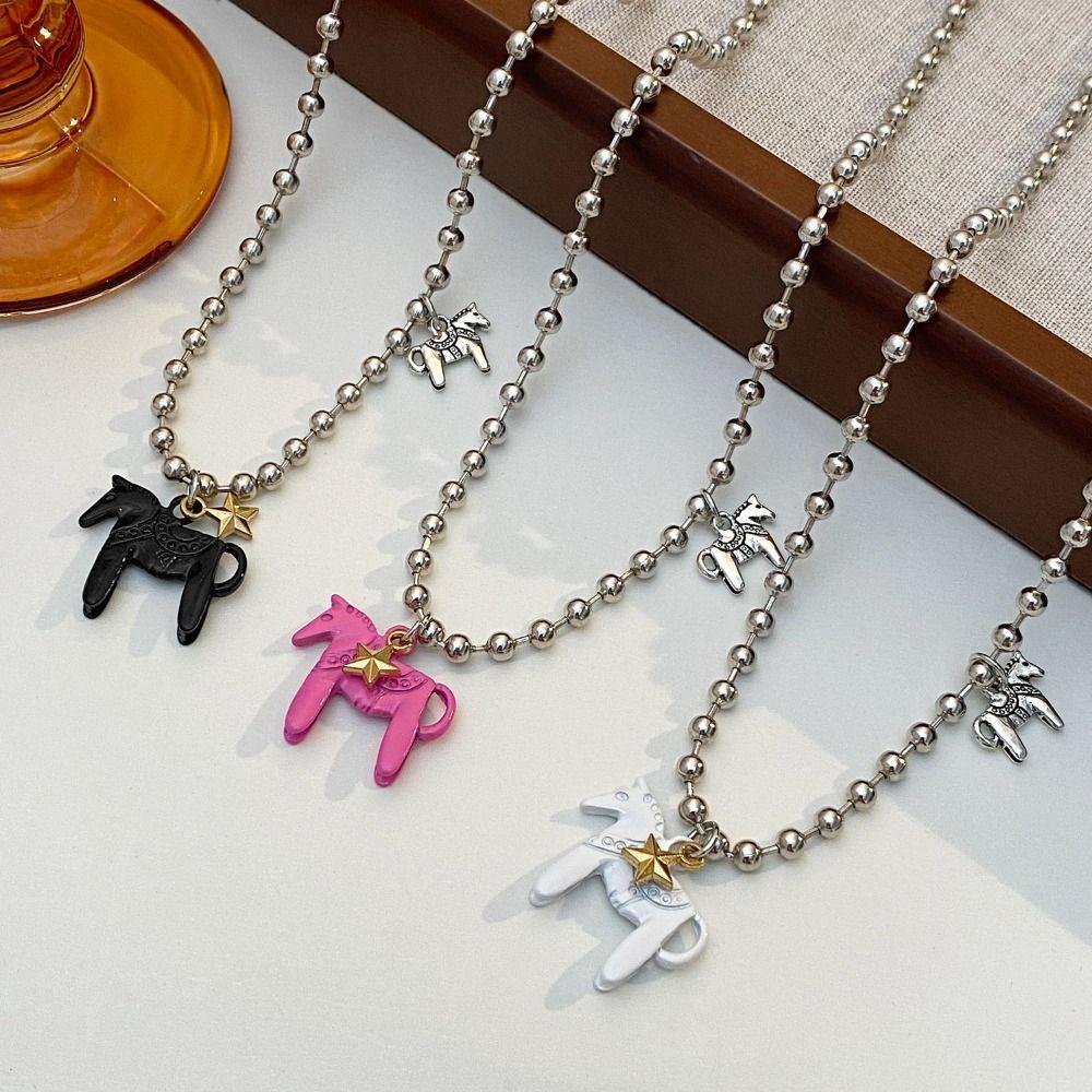 Zinc Zinc Alloy Enamel Colt Horse Pendant Necklaces Silver Zodiac Animal Necklaces  Friends