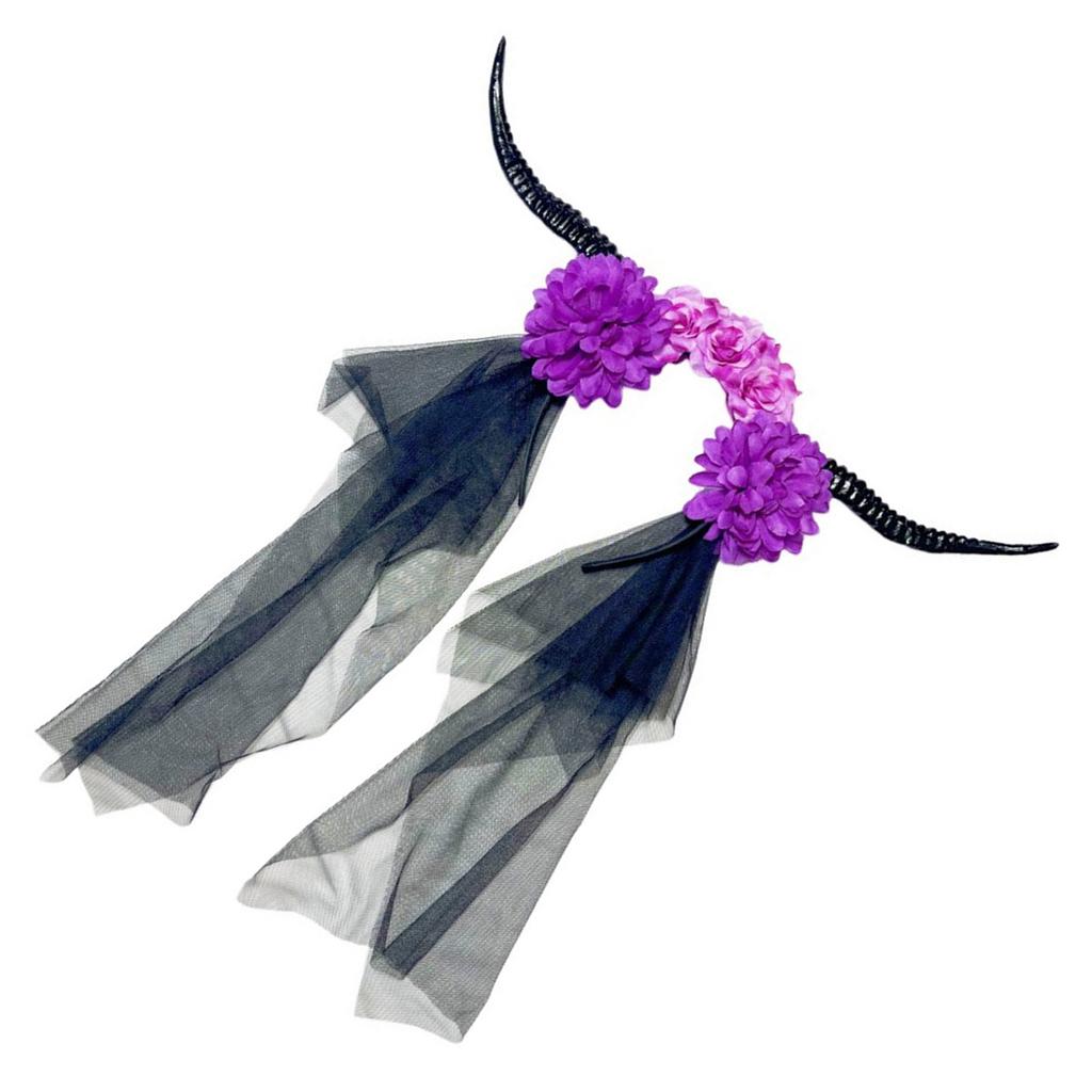 Devil Horn Flower Headband with Veil Cosplay Costume Hairband Dark Series Hairhoop Day of the Death Hairband for Women