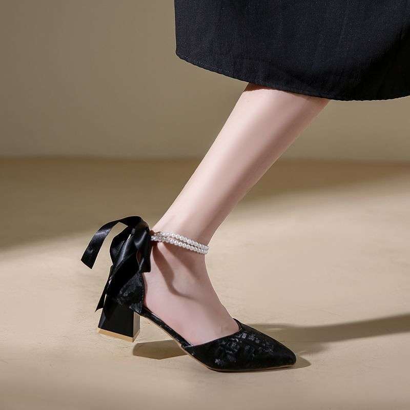 Xiaoxiangfeng high heels women's thick heel medium heel spring and autumn new versatile fairy with skirt hollow single shoes pointed pearl