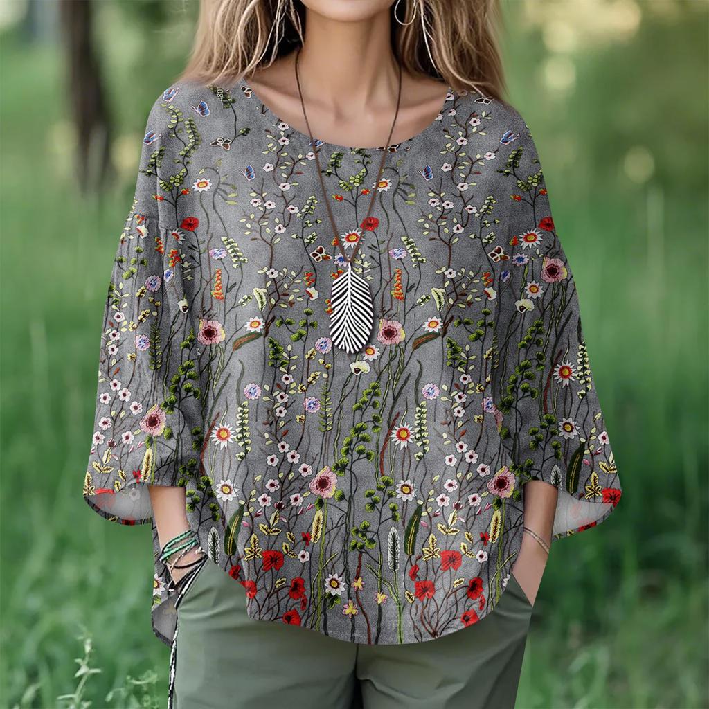 Summer Tops For Women Cute O Neck 3/4 Sleeve Blouses Floral Print Top Casual Shirts