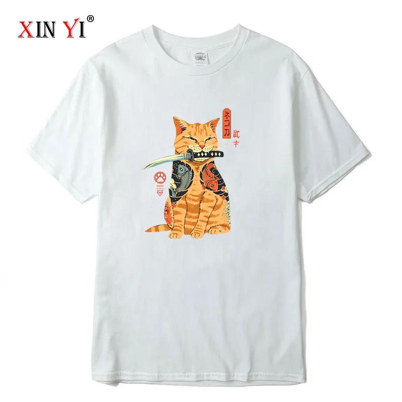 Men's T-shirt Top Quality 100% Cotton Short Sleeve Cool Knife Cat Print O-neck Casual Loose Hip Hop For Men Summer Male Tee Tops