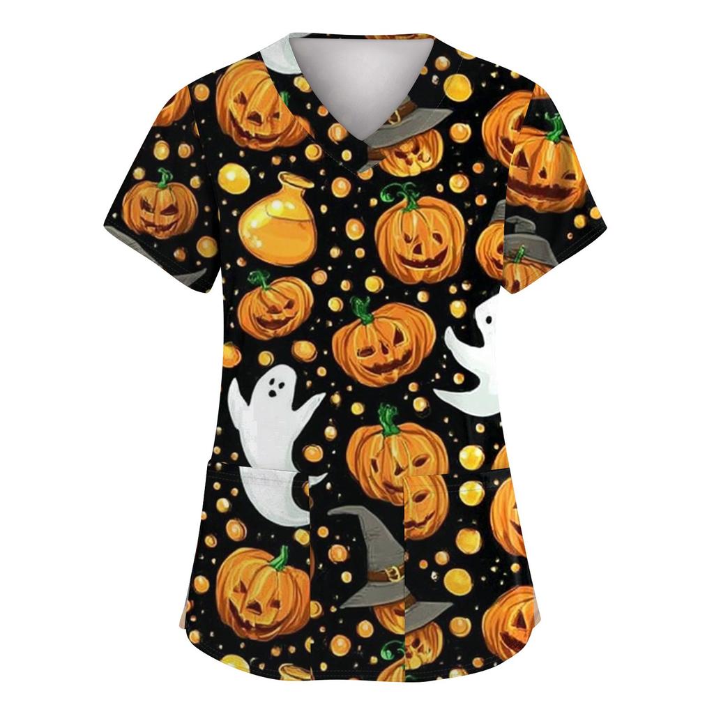 Women's Fashion Short Sleeve Halloween Printed V-Neck Pocket Workwear Tops