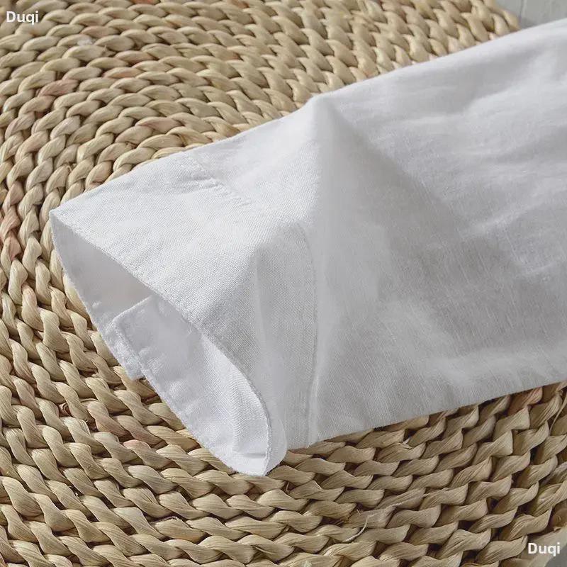 Men's Casual White Cotton-Linen Shirt: Spring/Summer Loose Short & Long-Sleeved Options