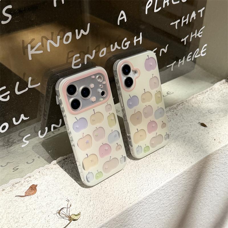 Cute Pastel Apple Print Phone Case For iPhone 17 16 15 14 Pro Max Kawaii Star Grip Stand Protective Cover for Girls