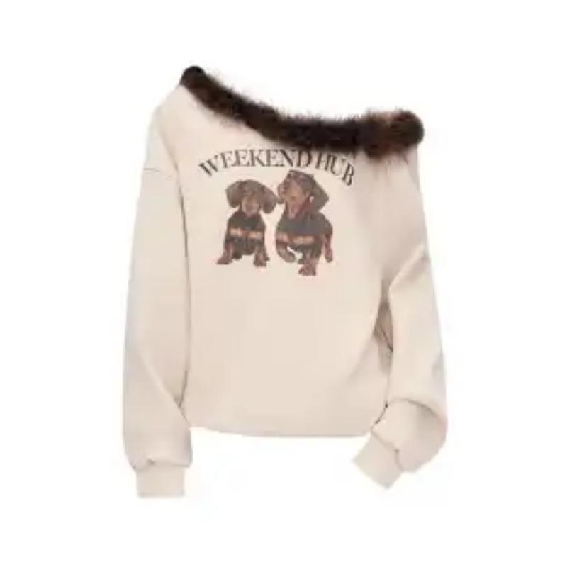 

Fashion Skew Collar Asymmetrical Spliced Hoodies Female Clothing Cute Puppy Printed Autumn Casual Loose Long Sleeve Sweatshirts S абрикосовый