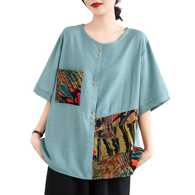 Mode Print Rundhals Kurzarm T-Shirts Damen Sommer Übergröße Locker Lässig Knöpfe Tee Tops Frauen 2025