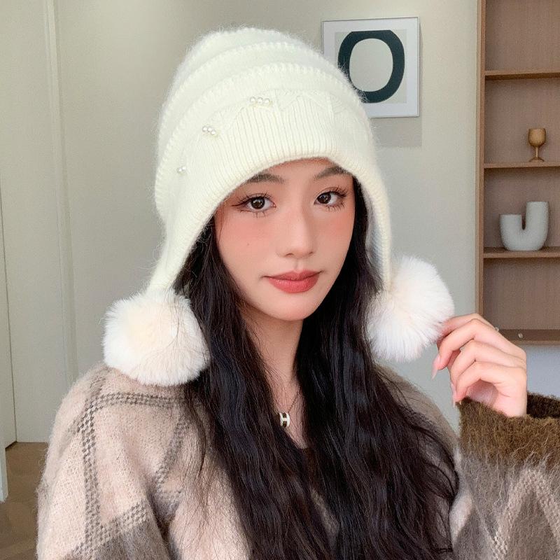Autumn and Winter Rabbit Hair Hat for Women Pearl Lace Wool Ball Knitted Wool Hat for Winter Warmth and Cold Protection Ear Protection Hat Trend