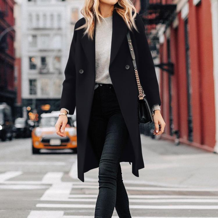 

Женское повседневное шерстяное пальто-пикот однобортное с лацканами с вырезом однотонное XXL чёрный