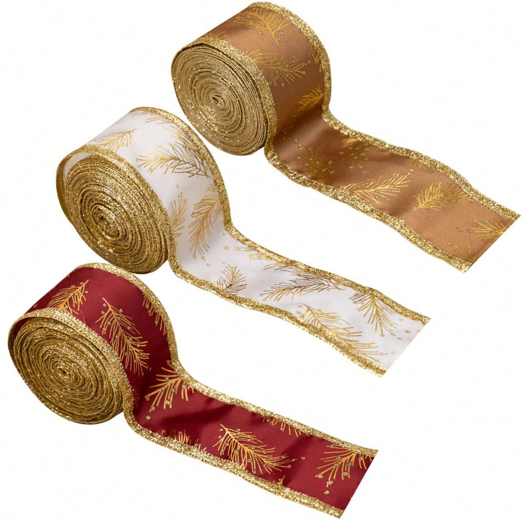 1Pc 5M Christmas Ribbon with Iron Wire Glitter Gold Leaf Printed Christmas Decoration DIY Craft Bow Gift Packing Party Decor